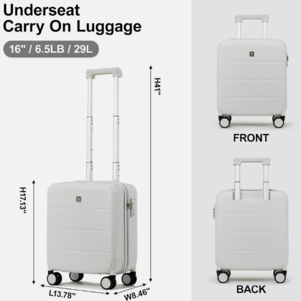 Hanke 16" Underseat Carry On Suitcase, Spinner Wheels, Hard Shell, Smoke White